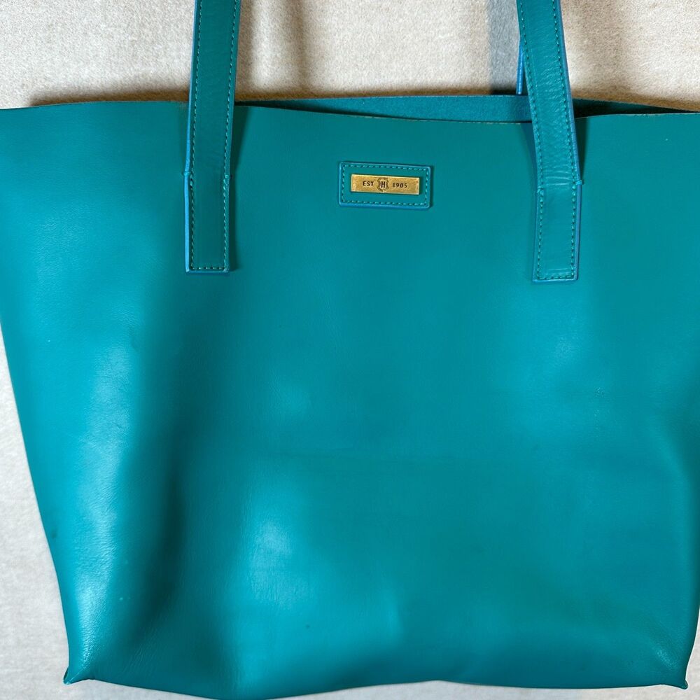 J.W. Hulme Teal Leather Tote Bag Made in America Open Top Shoulder Bag Womens